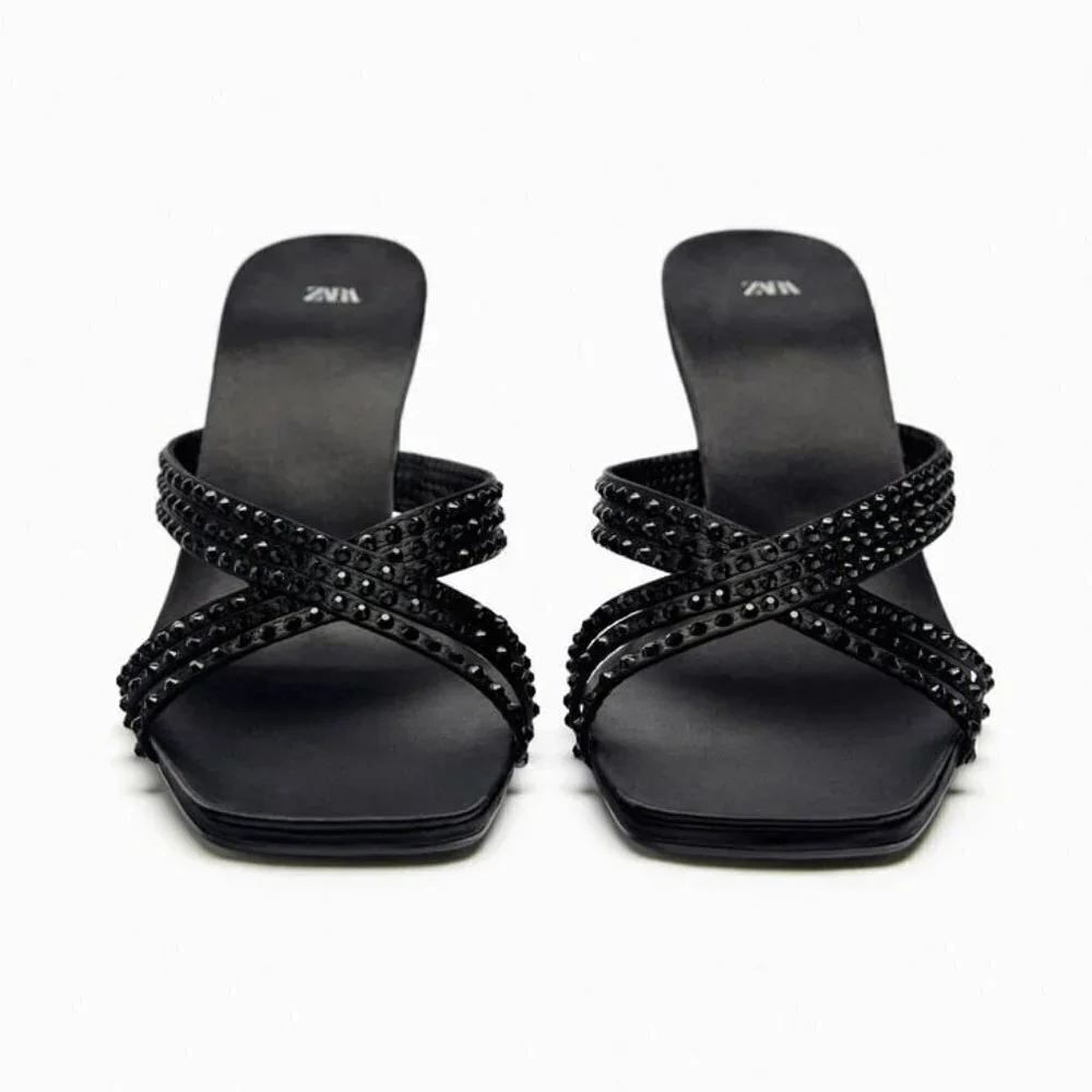 ZARA SATIN EFFECT RHINESTONE HEELED SANDALS BLACK SIZE 9 | 1815/110/800